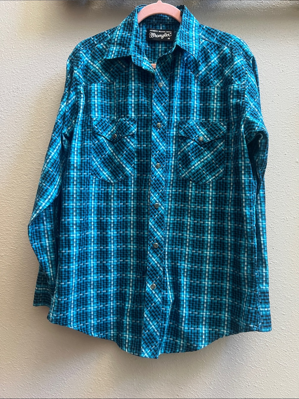 Wrangler Teal and Black Plaid Casual Button-Down Shirt